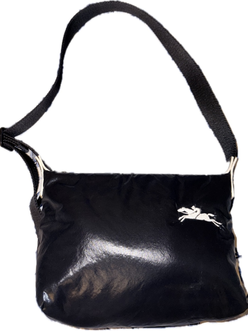 Longchamp Black Nylon Shoulder Bag with White Horse Logo